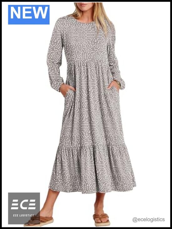 Dresses & Skirts - Women's Long Sleeve Flowy Tiered Midi Dress A-Line Crew Neck Pockets